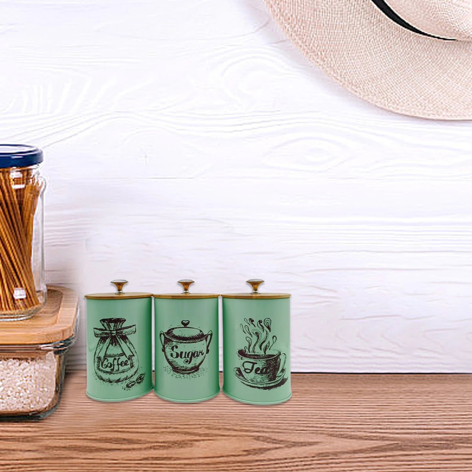 3Pcs Sealed Coffee Canister Set Iron Kitchen Counter Storage Jars with Lids Cover for Coffee Tea Sugar Container
