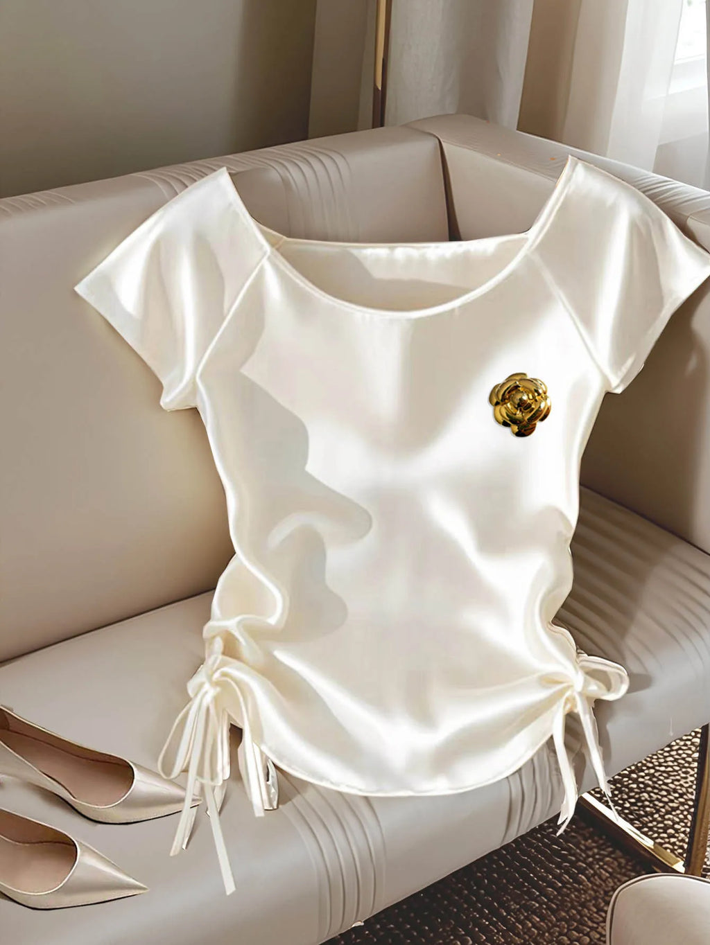 Chic Luxury White Satin Shirt Gold Flower Brooch Detail Drawstring Side Ruched Casual Summer Blouse