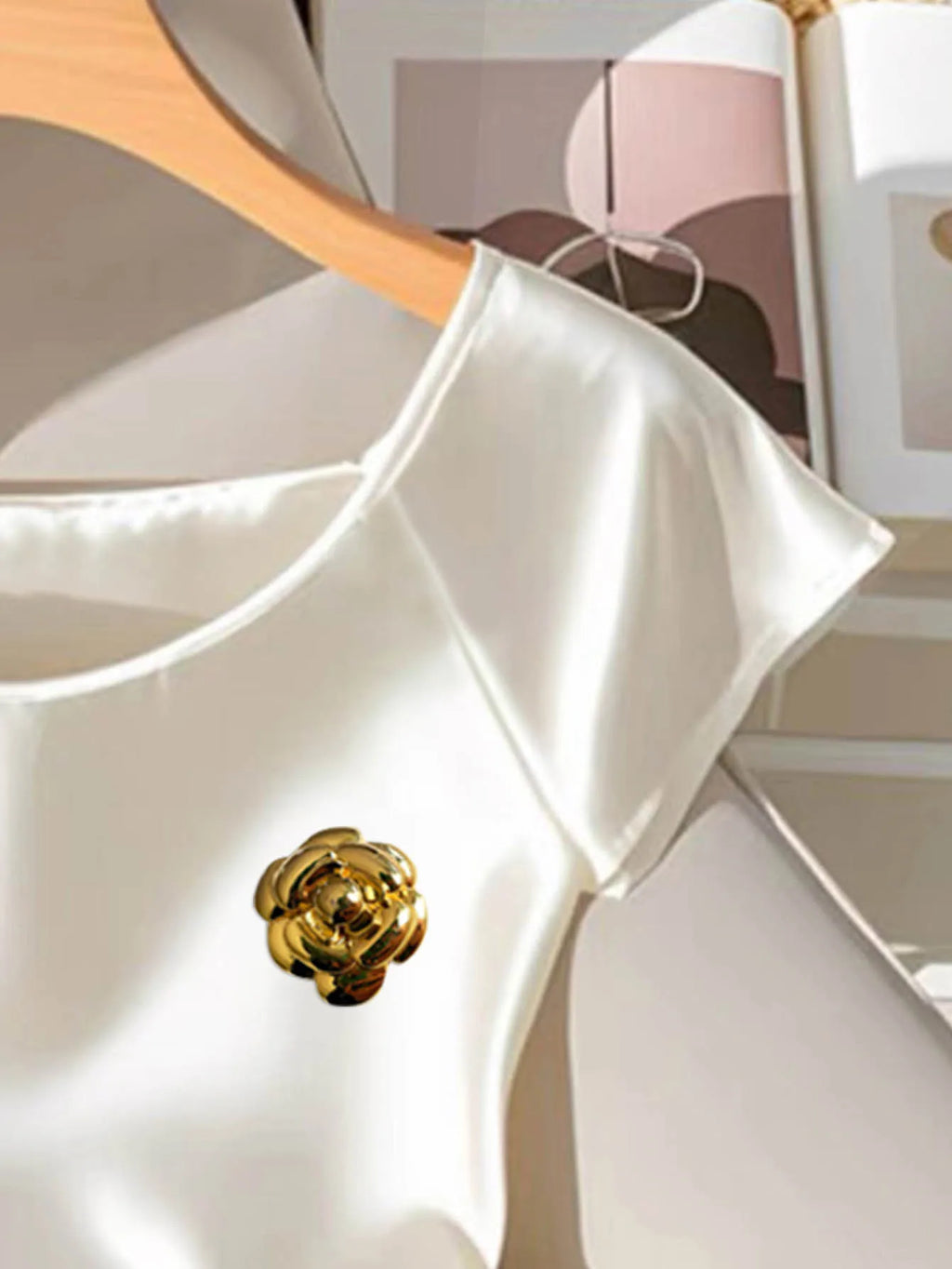 Chic Luxury White Satin Shirt Gold Flower Brooch Detail Drawstring Side Ruched Casual Summer Blouse