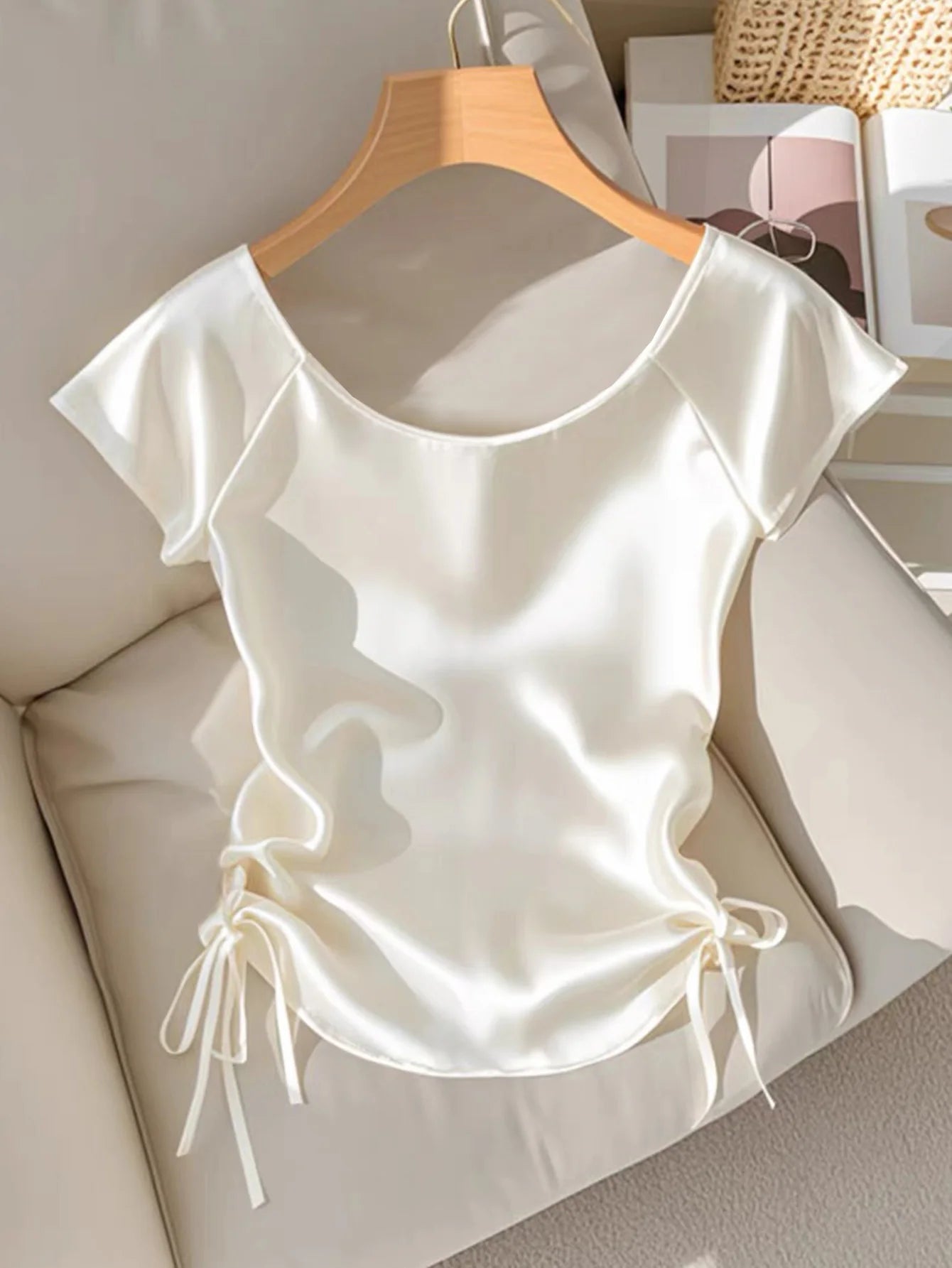 Chic Luxury White Satin Shirt Gold Flower Brooch Detail Drawstring Side Ruched Casual Summer Blouse
