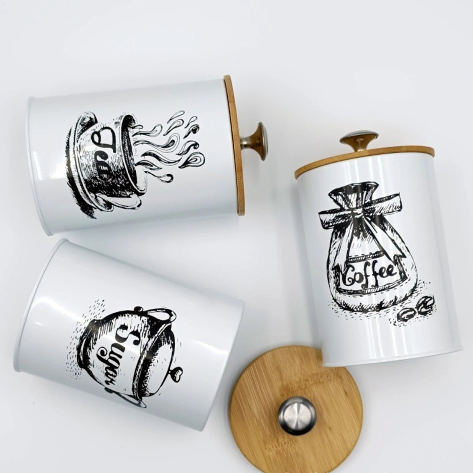 3Pcs Sealed Coffee Canister Set Iron Kitchen Counter Storage Jars with Lids Cover for Coffee Tea Sugar Container