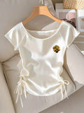 Chic Luxury White Satin Shirt Gold Flower Brooch Detail Drawstring Side Ruched Casual Summer Blouse