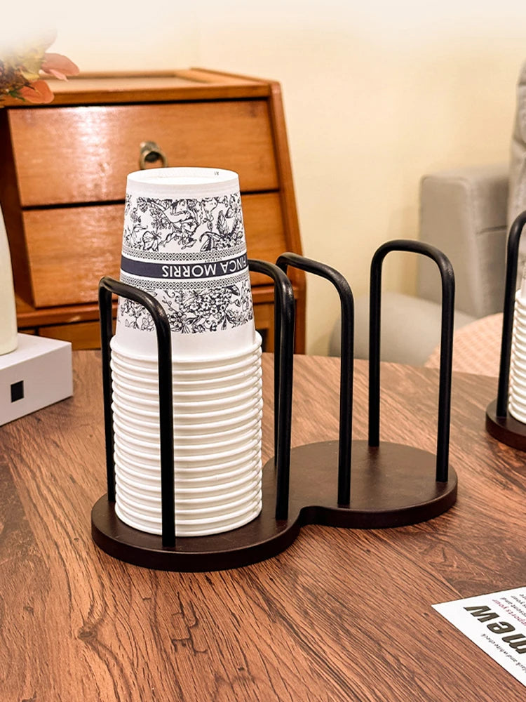 Wooden Disposable Cup Dispenser with Long Stick Tea Water Cup Storage Holder Rack Shelf Mug Display Stand Organizer for Home