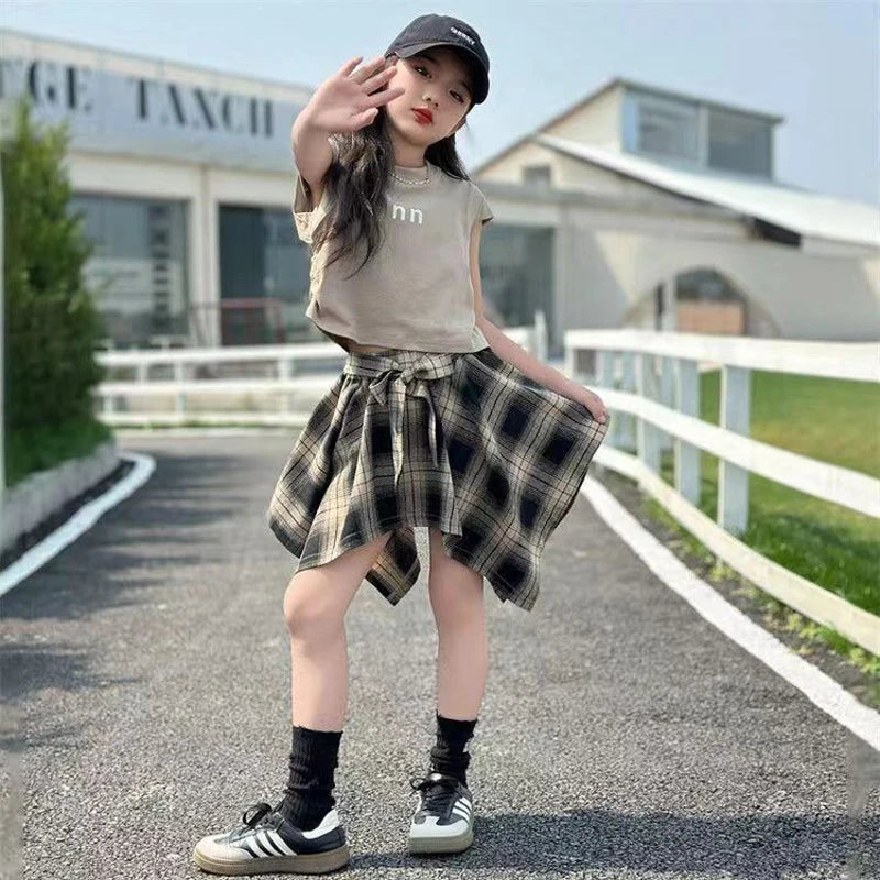 Summer Girls Clothing Set Solid Color Letter Print T-shirt+Plaid Irregular Skirt 2Pcs For 5-14 Years Teen Kids Fashion Outfit