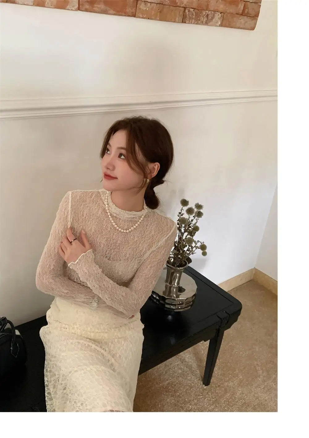 Sexy Lace Shirt Half High Collar Mesh Thin Long Sleeve Floral Embroidery Slim Fit Top Transparent Design Fashionable Spring 2024