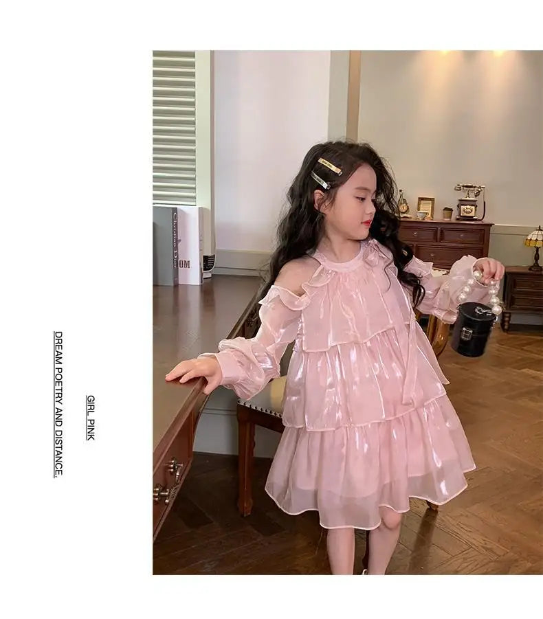 2025 Summer New Girls Dress Pink Off Shoulder Long Sleeve Halterneck Princess Dress For 2-10 Years Teen Girls Grace Fashion Dres