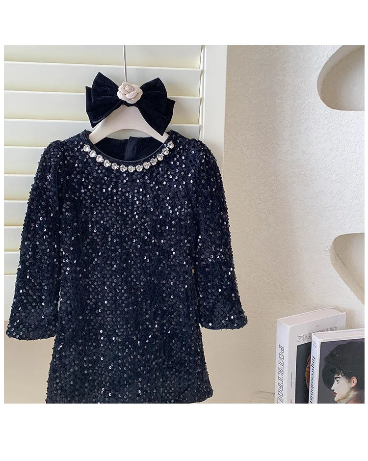 Girls' Dress Winter New Foreign Style Girls Velvet Princess Dress Children's Fashionable Sequined Heavy Industry Dress