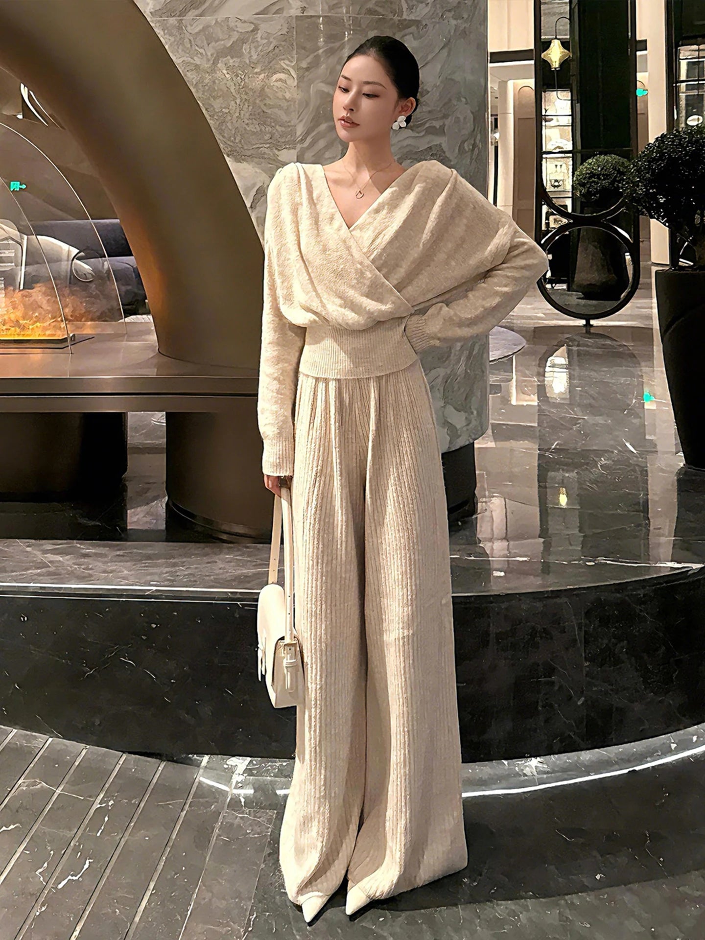 Elegant Autumn Winter Women's Outfit High Waist Wide Leg Pants V-Neck Long Sleeve Fashion Set Korean Style Casual Wear