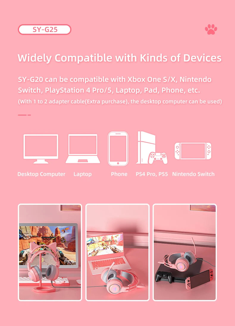 pink Gaming Headset for PC, PS4, PS5, Laptop 3.5mm Noise Reduction with Mic Noise Cancelling, LED Light for Girls, Women