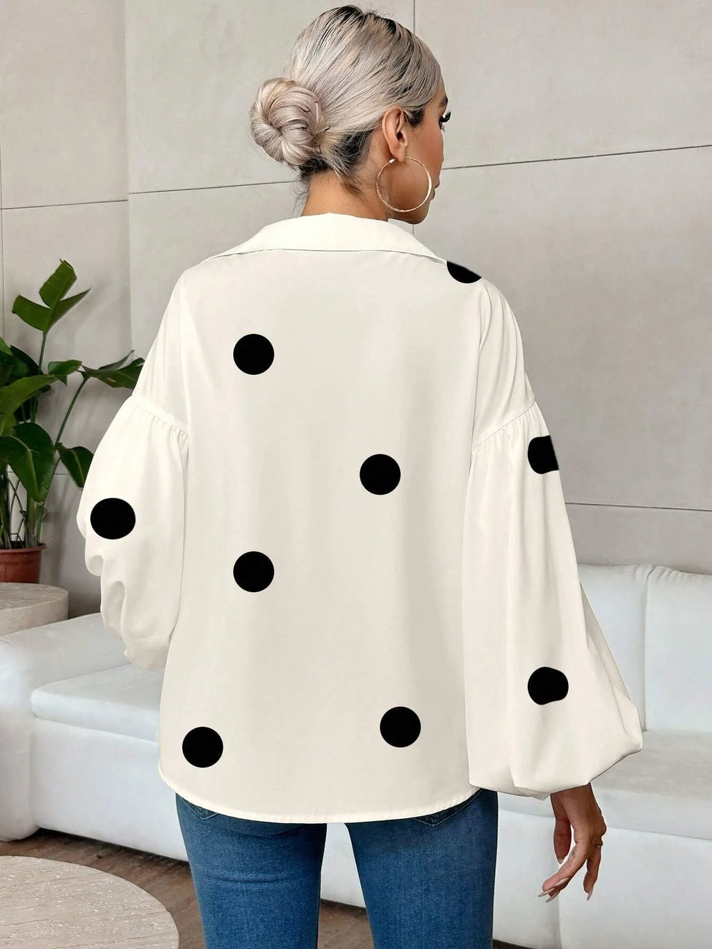 Boho Women's Blouses Spring Fall New Fashion French Polka Dot Half-neck Design Loose Puff Long-sleeve Top Casual Shirts Women