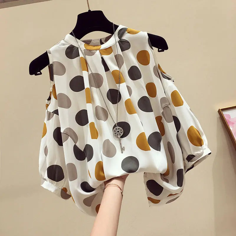 Oversize Summer Polka Dot Printed Chiffon Blouses Women Round Neck Patchwork Short Sleeve Shirt Off Shoulder Tops Female Clothes