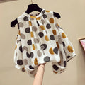 Oversize Summer Polka Dot Printed Chiffon Blouses Women Round Neck Patchwork Short Sleeve Shirt Off Shoulder Tops Female Clothes
