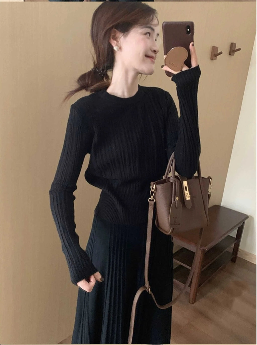 Korean Style High Waist Knitted round Neck Striped Top And Skirt Two Piece Set Women's Fashion Autumn Winter Collection