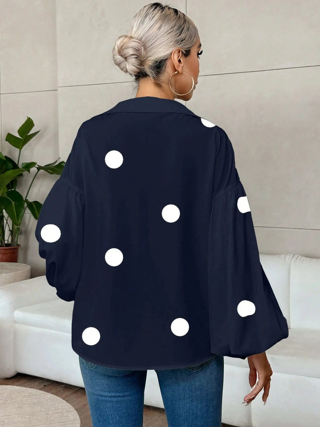 Boho Women's Blouses Spring Fall New Fashion French Polka Dot Half-neck Design Loose Puff Long-sleeve Top Casual Shirts Women