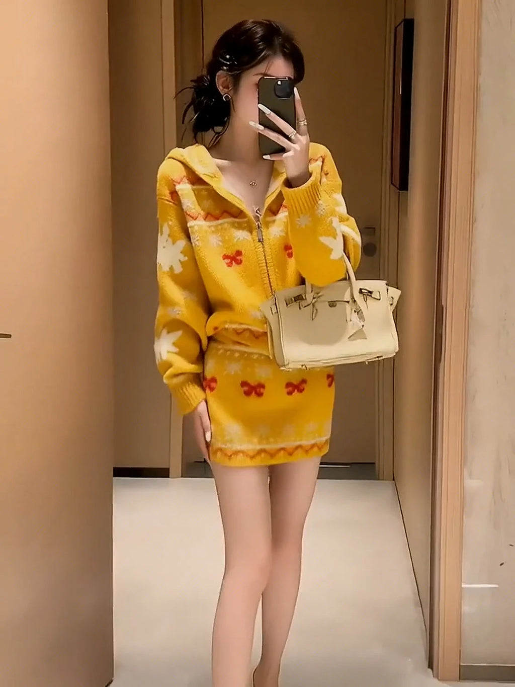 2026 New Yellow Knitted Set Women's Fashion Korean Style Long Sleeve Top And Half Skirt Two-Piece Suit Autumn Winter Ensemble