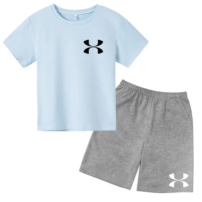 Kids Brand T-shirt Summer Clothes Letters Round Neck Fashion Short-sleeved+Shorts Two-piece Set Boy Girl 3-12Y Casual Sports Set