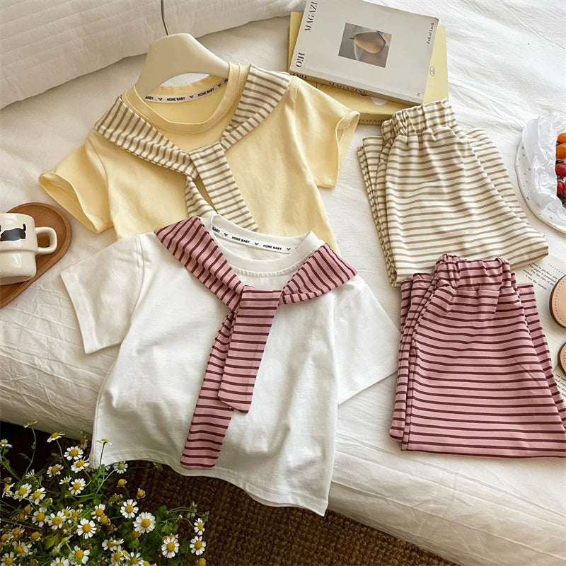 New Girls Summer Sets Children Casual Printed T-Shirt Suit Kids Short-Sleeve Top+Shorts Pcs Outfits Teenager Fashion Clothes