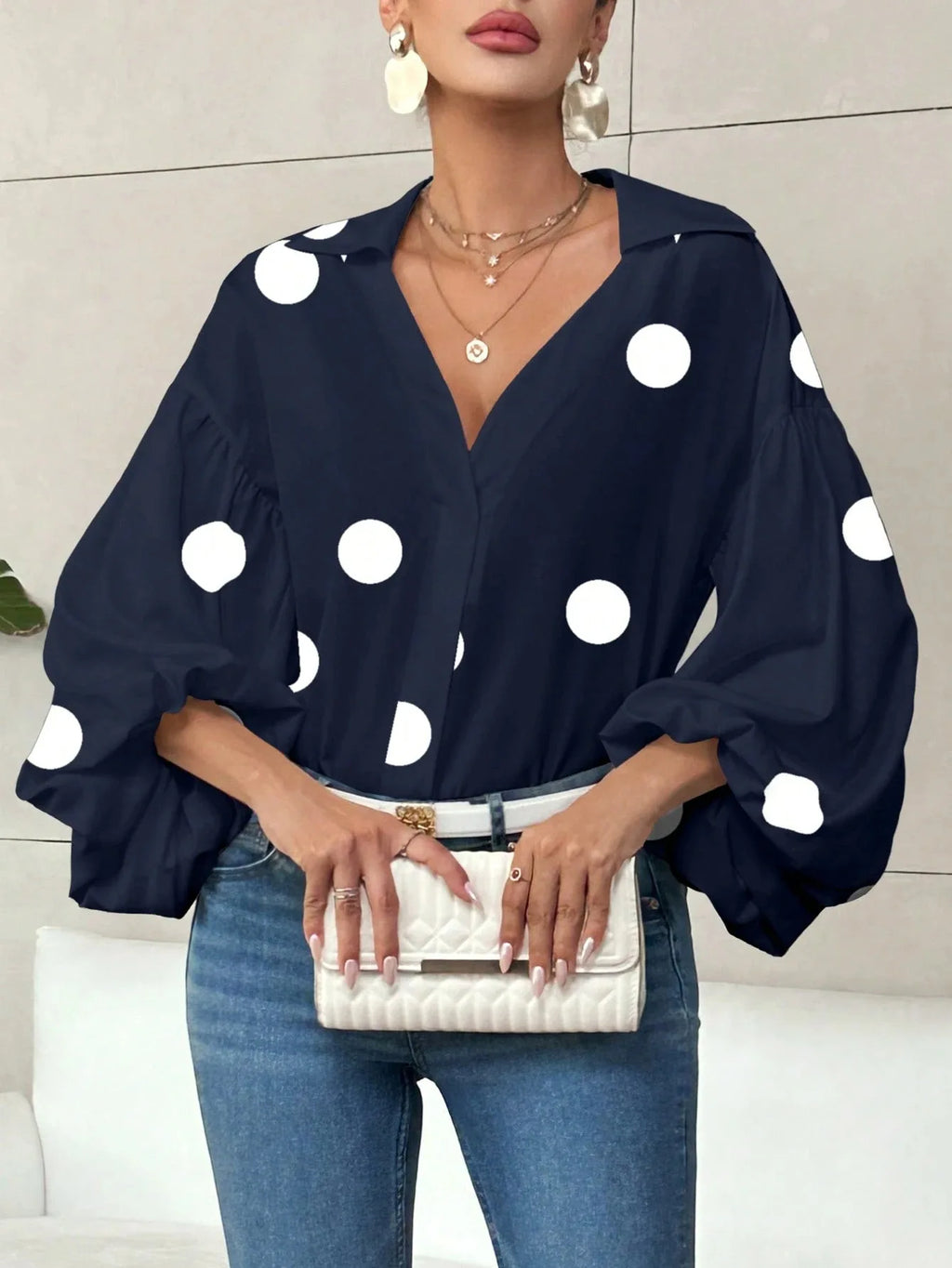 Boho Women's Blouses Spring Fall New Fashion French Polka Dot Half-neck Design Loose Puff Long-sleeve Top Casual Shirts Women