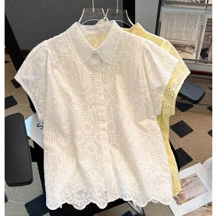 Elegant European Summer 2025 New Design Sense Small Hollow out Embroidery  Collar Top Versatile Match Korean Style Loose Fit
