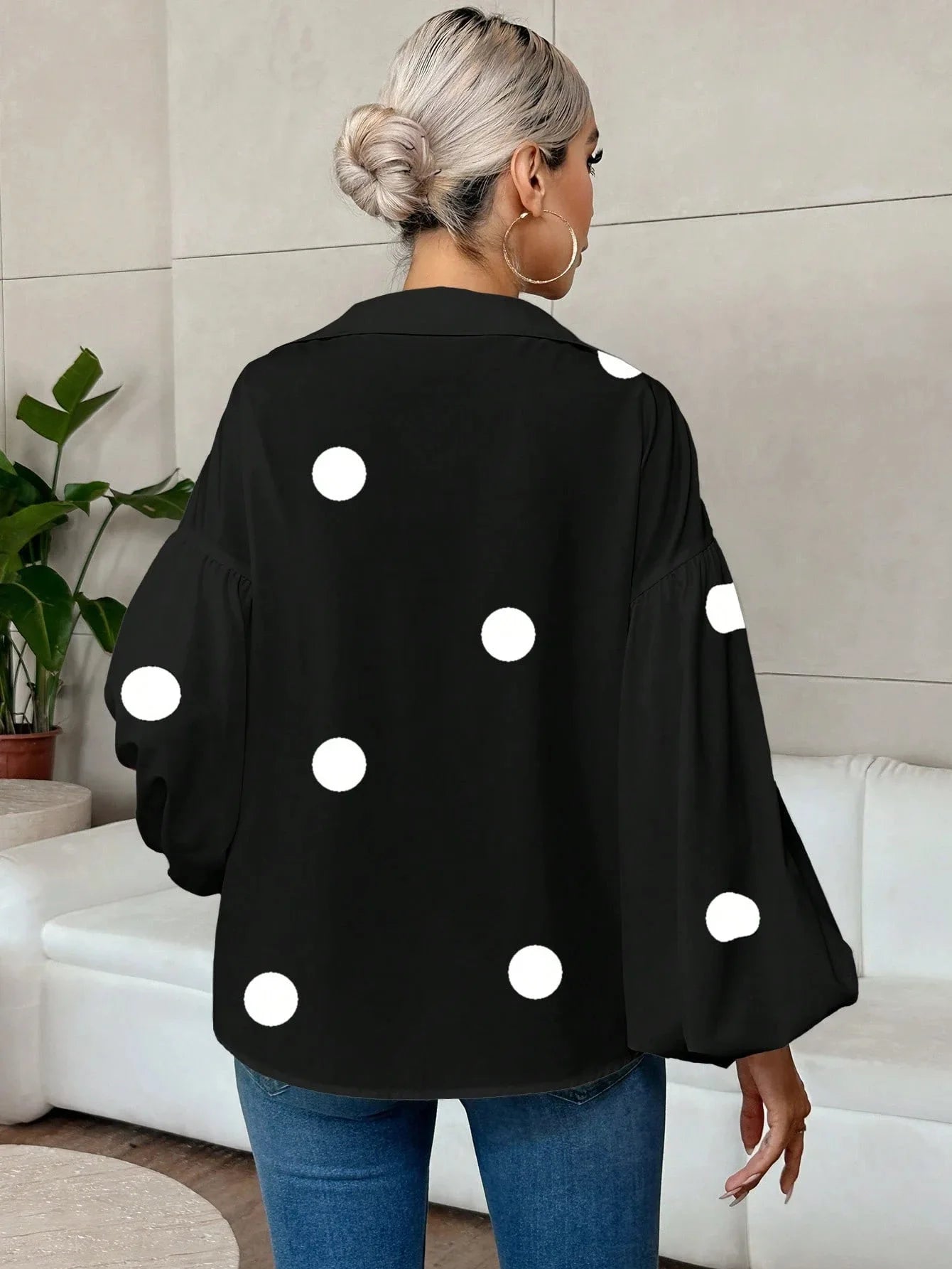 Boho Women's Blouses Spring Fall New Fashion French Polka Dot Half-neck Design Loose Puff Long-sleeve Top Casual Shirts Women