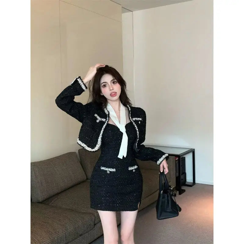 Small Fragrance Style Tweed Set Black Jacket Women's Short Dress Two-Piece Suit Autumn Fashion Trend Miniature Two-Piece Set