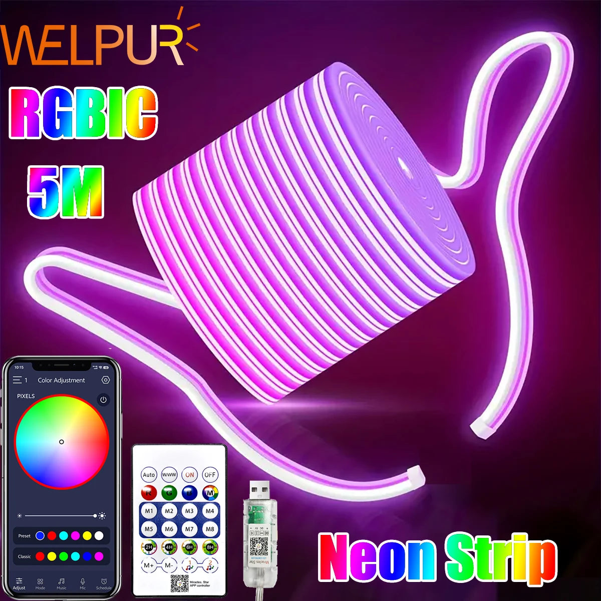 LED Neon Strip RGBIC Gaming Ambient Lighting DC 5V Waterproof  Flexible Ribbon Tape Neon Lights With Bluetooth Music Control