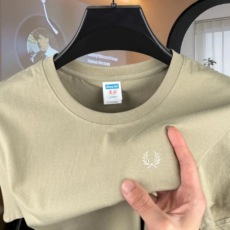 100% pure cotton high-end brand men's round neck short sleeved top summer fashion luxury wheat embroidery design casual T-shirt