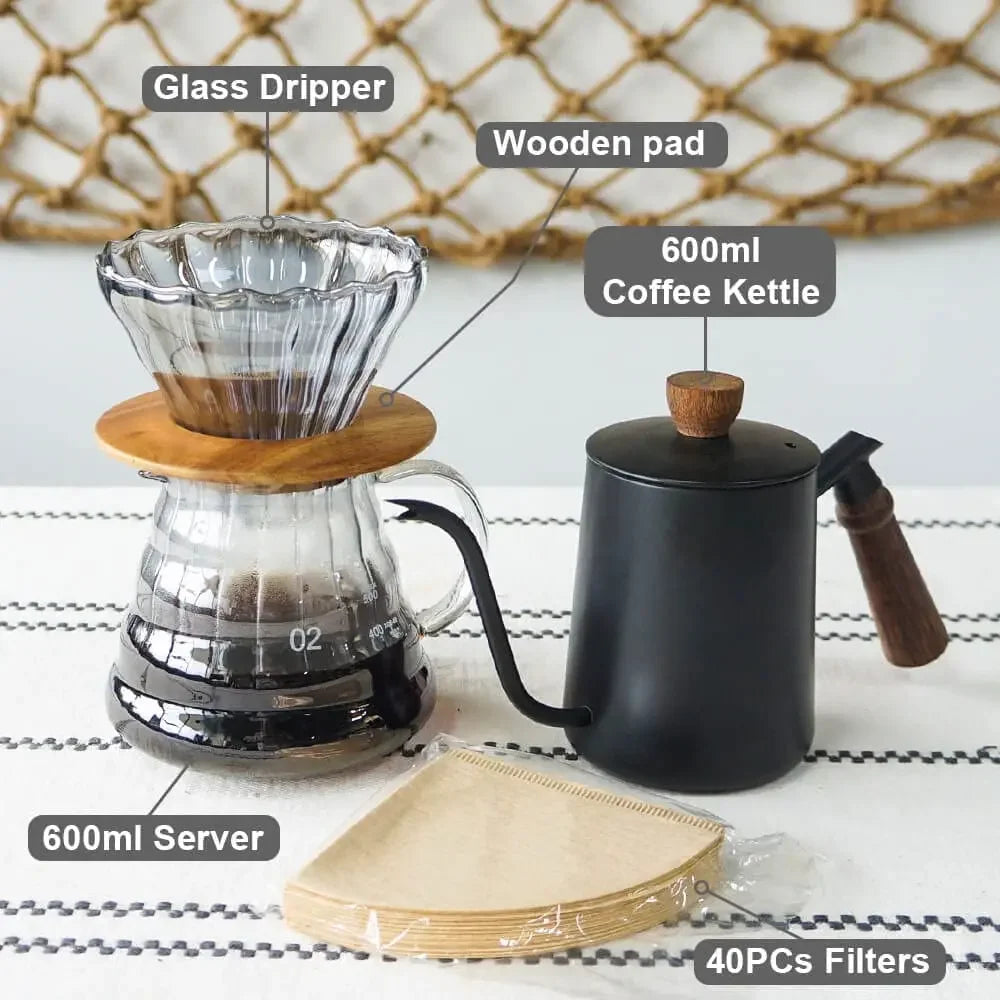 Complete Manual Pour Over Coffee Set V Shape Glass Dripper 600ml Gooseneck Kettle Kit Portable Coffee Travel Bag Barista Gift