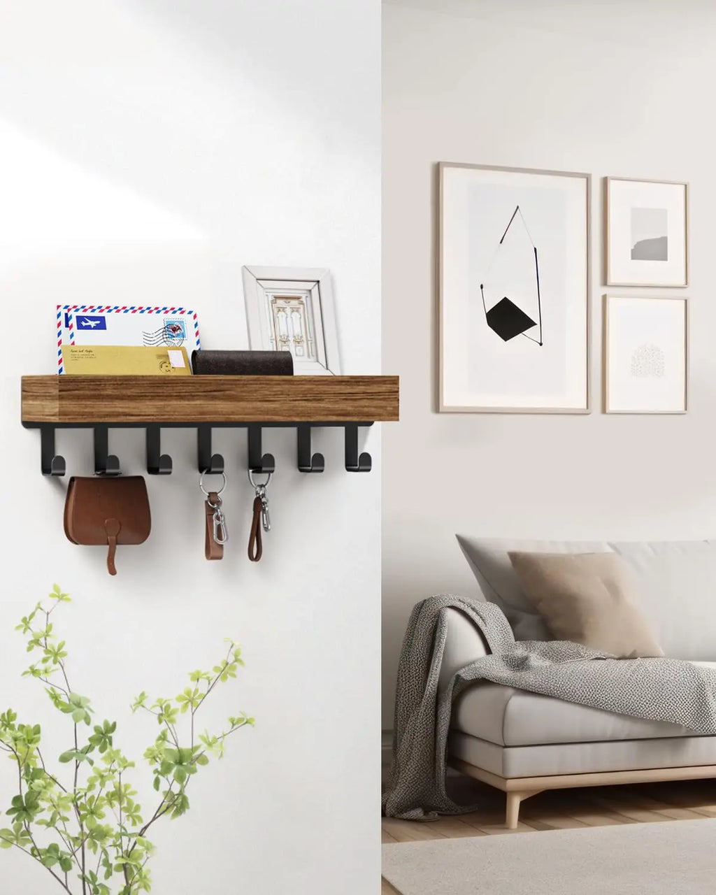 Rustic Wooden Floating Shelf with 6 Hooks Shower Caddy and Key Holder Nordic Style Storage Organizer for Home Bedroom Bathroom