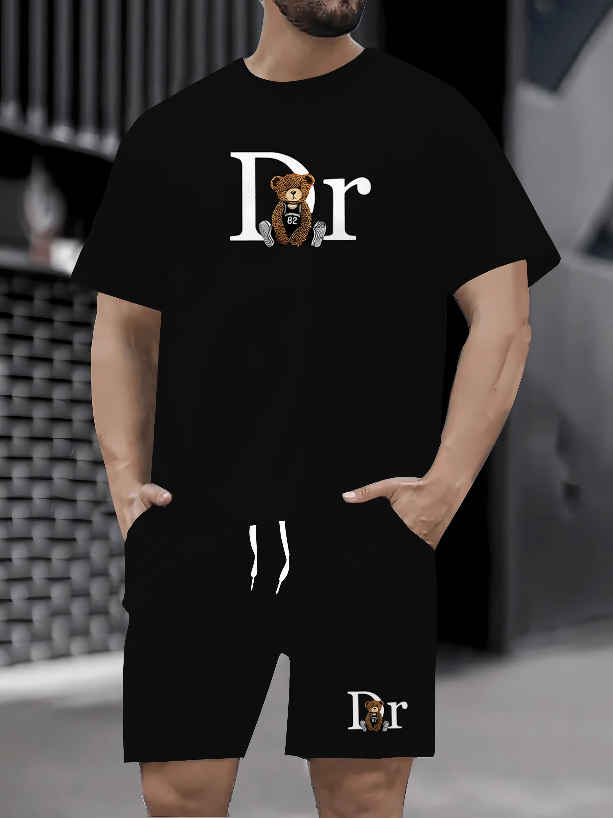 Hot selling summer new men's casual sports suit fashionable teddy bear printed T-shirt shorts 2-piece set summer men's clothing