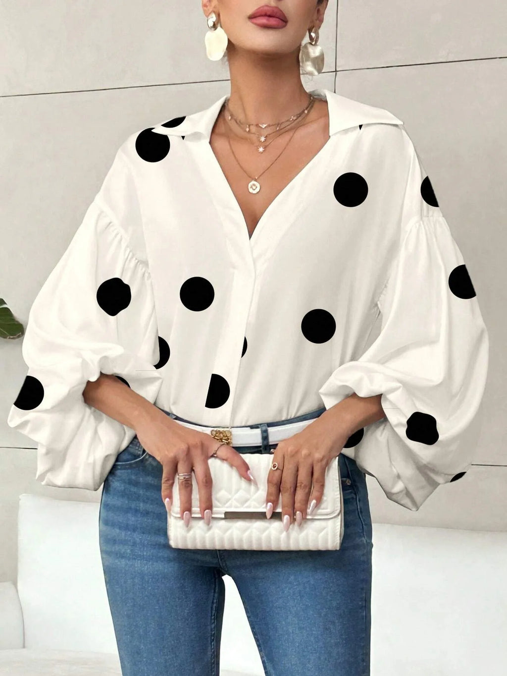 Boho Women's Blouses Spring Fall New Fashion French Polka Dot Half-neck Design Loose Puff Long-sleeve Top Casual Shirts Women