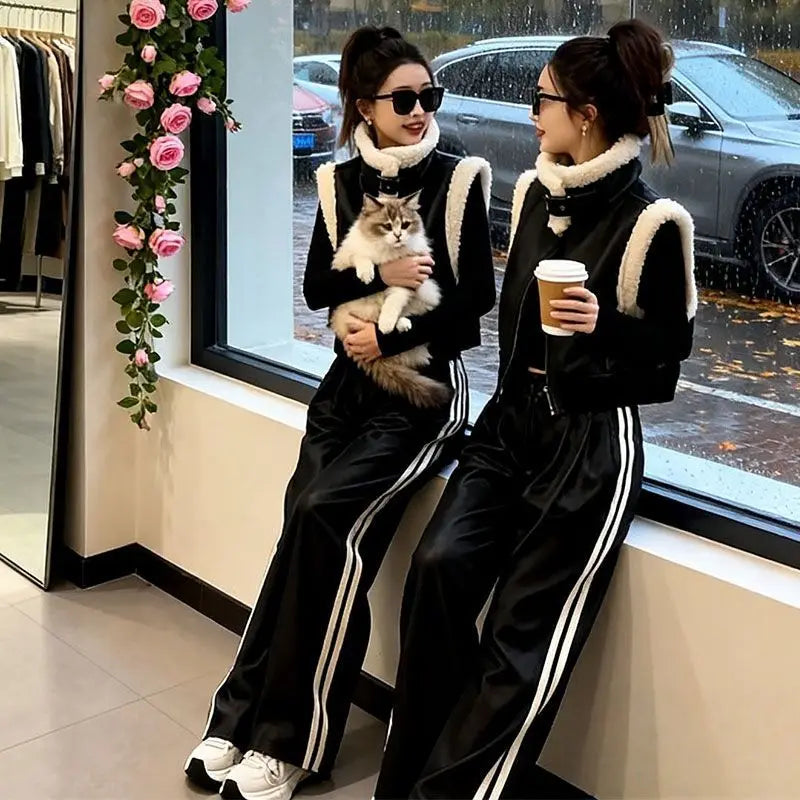 Autumn Winter Thickened Plush Patchwork Zipper Short Vest Women's High Waist Casual Wide Leg Pants Set Fashionable Cool