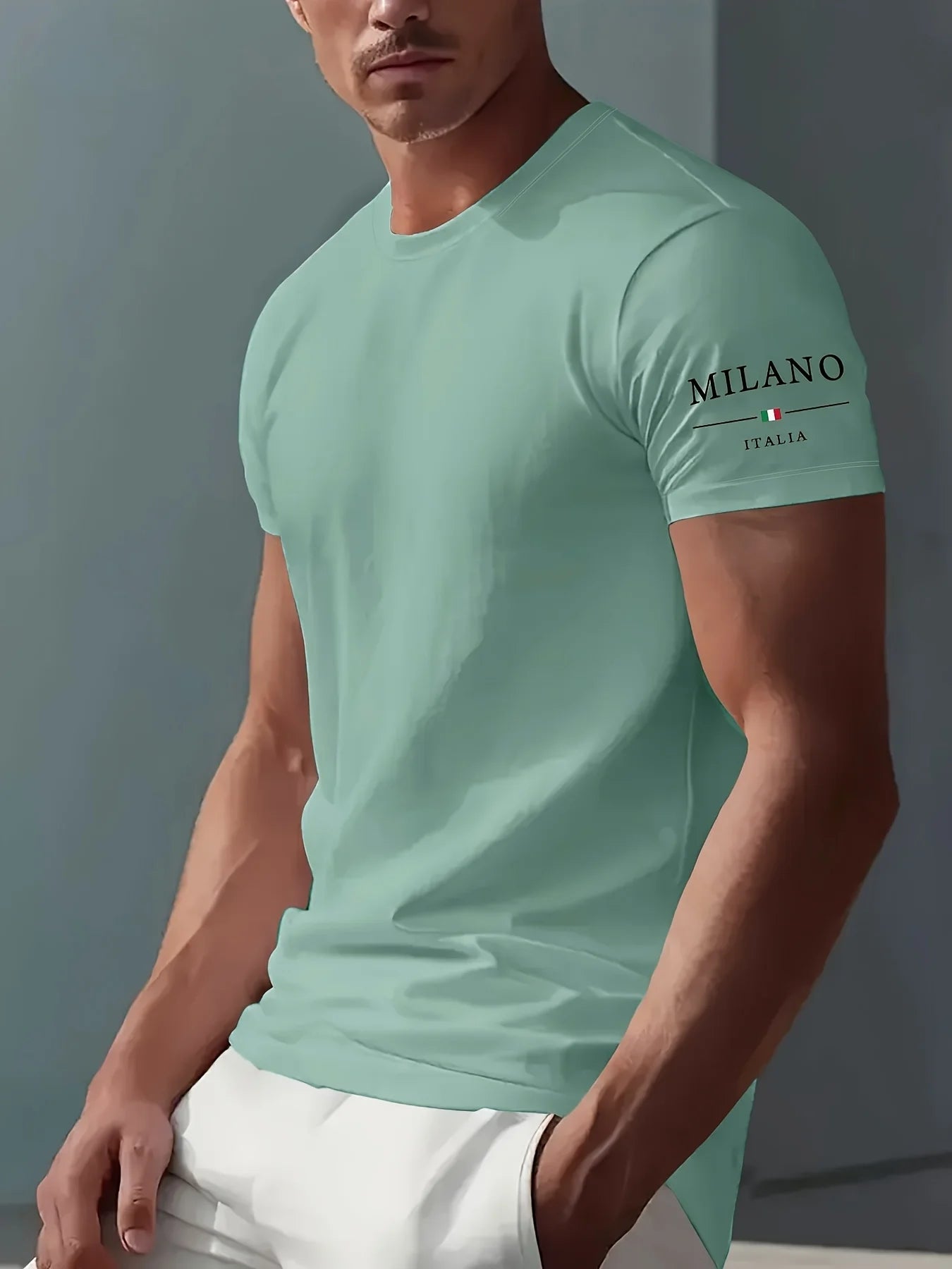 100% pure cotton men's summer casual sports fashionable loose MILANO ITALIA pattern printed round neck short sleeved T-shirt top