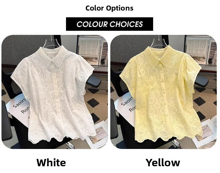Elegant European Summer 2025 New Design Sense Small Hollow out Embroidery  Collar Top Versatile Match Korean Style Loose Fit