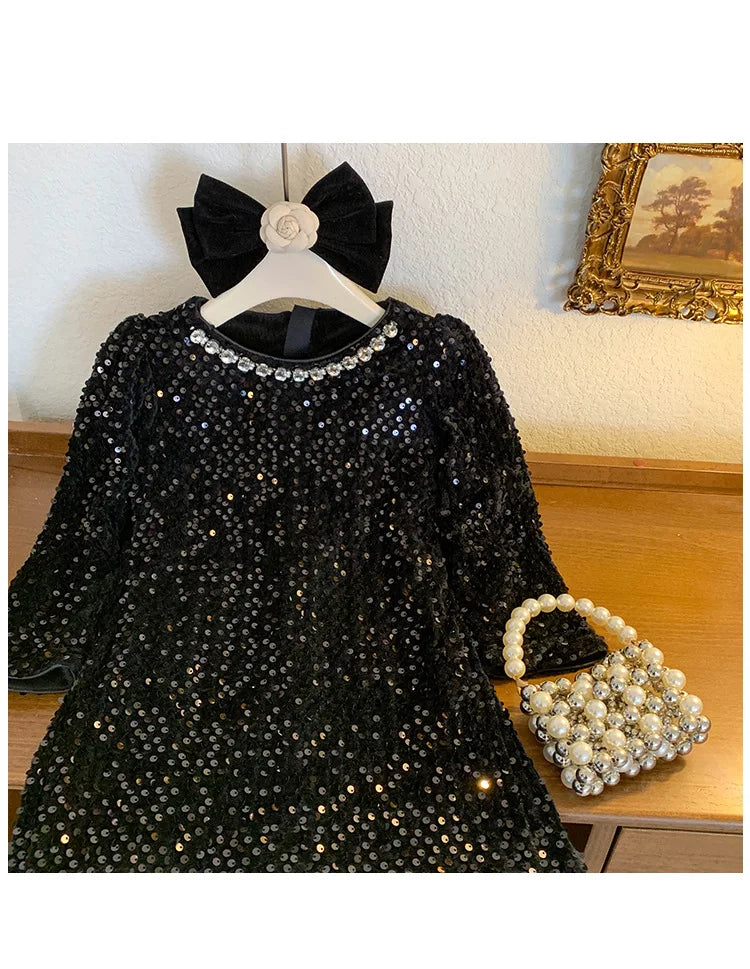 Girls' Dress Winter New Foreign Style Girls Velvet Princess Dress Children's Fashionable Sequined Heavy Industry Dress