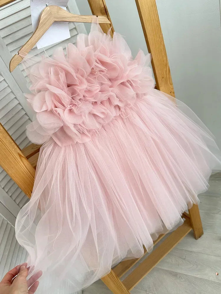 Girl Clothes Children's Flower Dress Wedding Princess Dresses Little Girls Pink Blue Strap Tulle Tutu Skirt Purple Spaghetti