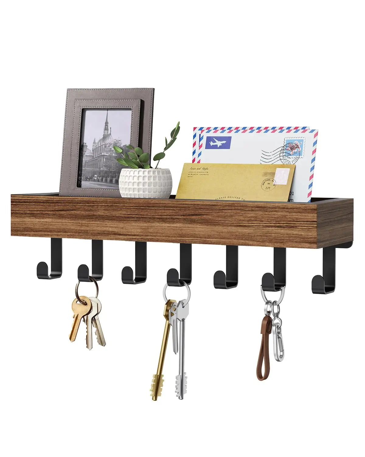 Rustic Wooden Floating Shelf with 6 Hooks Shower Caddy and Key Holder Nordic Style Storage Organizer for Home Bedroom Bathroom