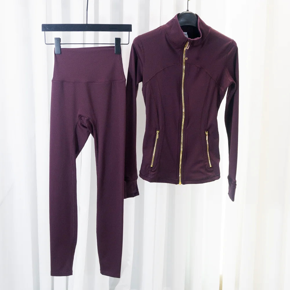 Set with a high-end feel, stand-up collar, slim-fit jacket for women, slimming nine-point yoga pants, casual two-piece set