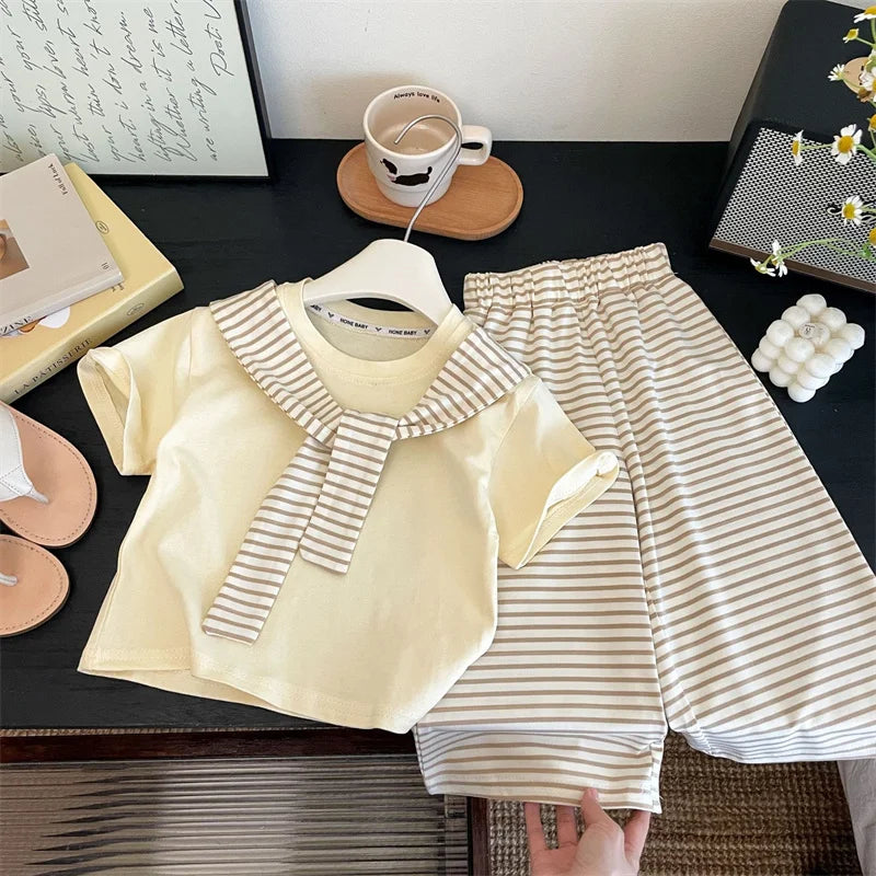 New Girls Summer Sets Children Casual Printed T-Shirt Suit Kids Short-Sleeve Top+Shorts Pcs Outfits Teenager Fashion Clothes