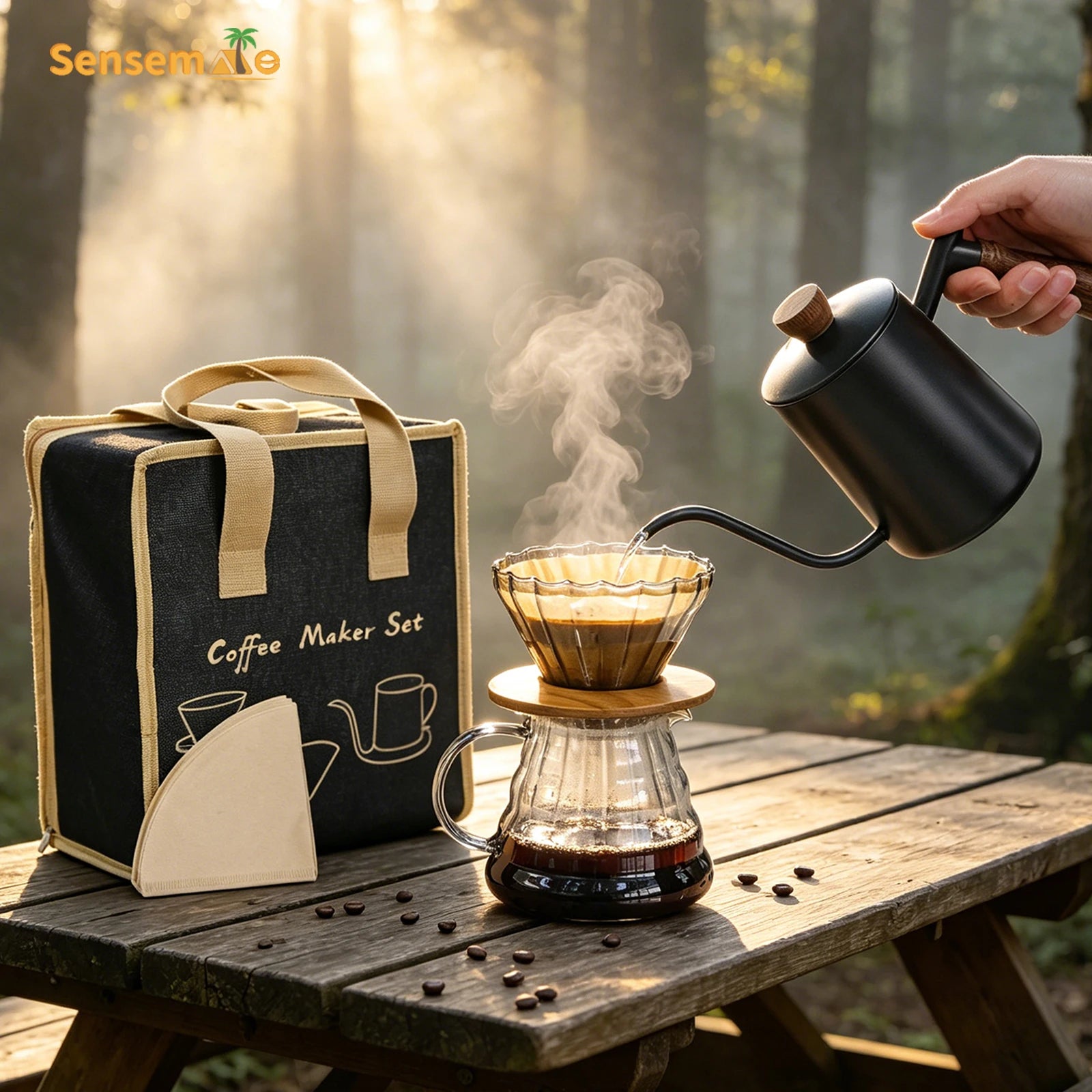 Complete Manual Pour Over Coffee Set V Shape Glass Dripper 600ml Gooseneck Kettle Kit Portable Coffee Travel Bag Barista Gift