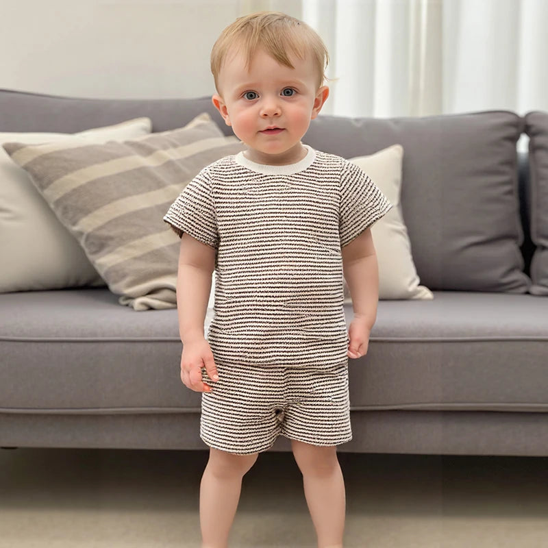 2024-12-30 Lioraitiin Toddler Baby Boys Summer Outfit Waffle Striped Short Sleeve T-shirt Elastic Waist Shorts Set