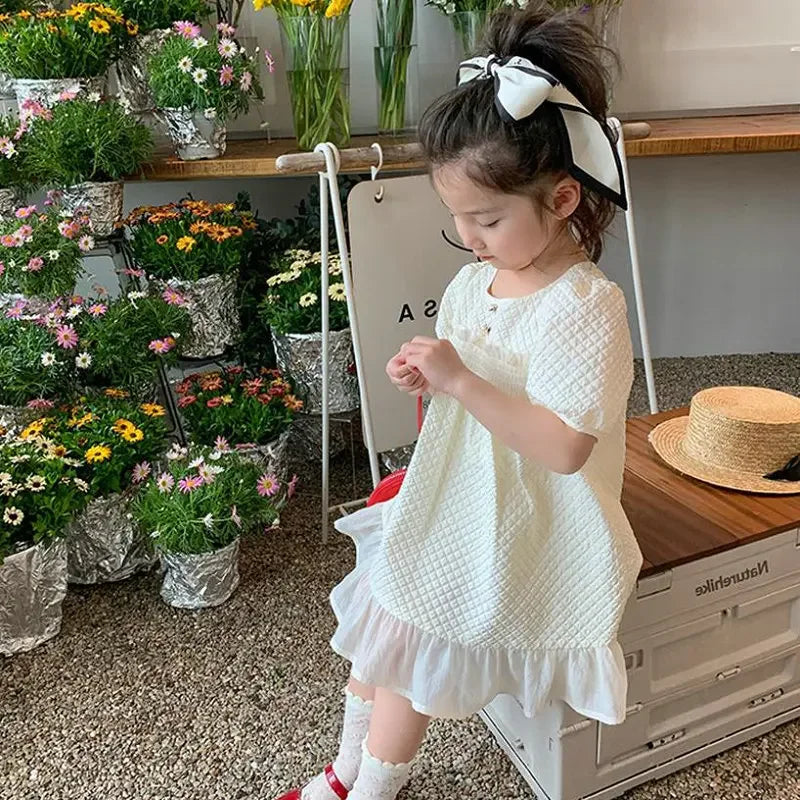 Girls Fashion Pink Princess Dress Kids Summer Puff Sleeve Casual Dresses Children Korean Style Mesh Clothing Gift Lolita Dress
