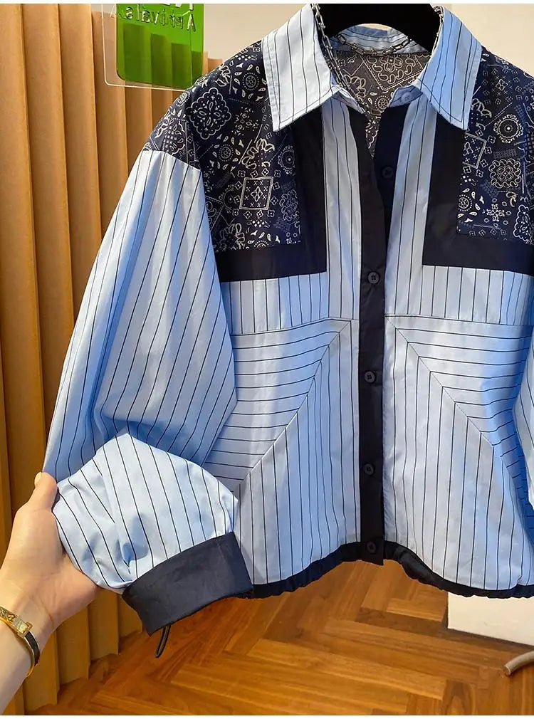 Chic Design Striped Long Sleeved Shirt Spring Autumn New Casual Retro Loose Shirts Versatile Women Fashion Tops