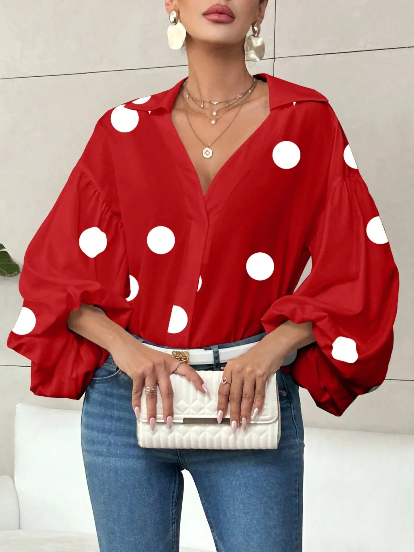 Boho Women's Blouses Spring Fall New Fashion French Polka Dot Half-neck Design Loose Puff Long-sleeve Top Casual Shirts Women