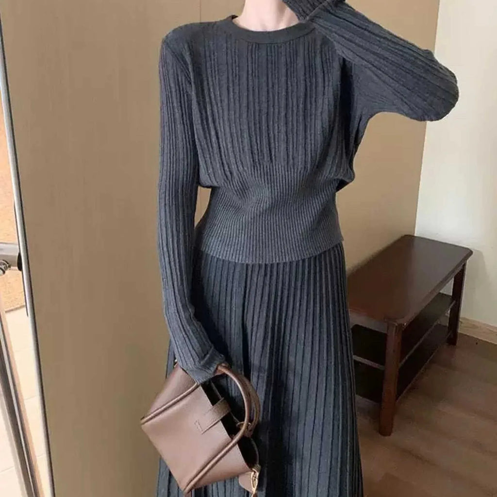Korean Style High Waist Knitted round Neck Striped Top And Skirt Two Piece Set Women's Fashion Autumn Winter Collection