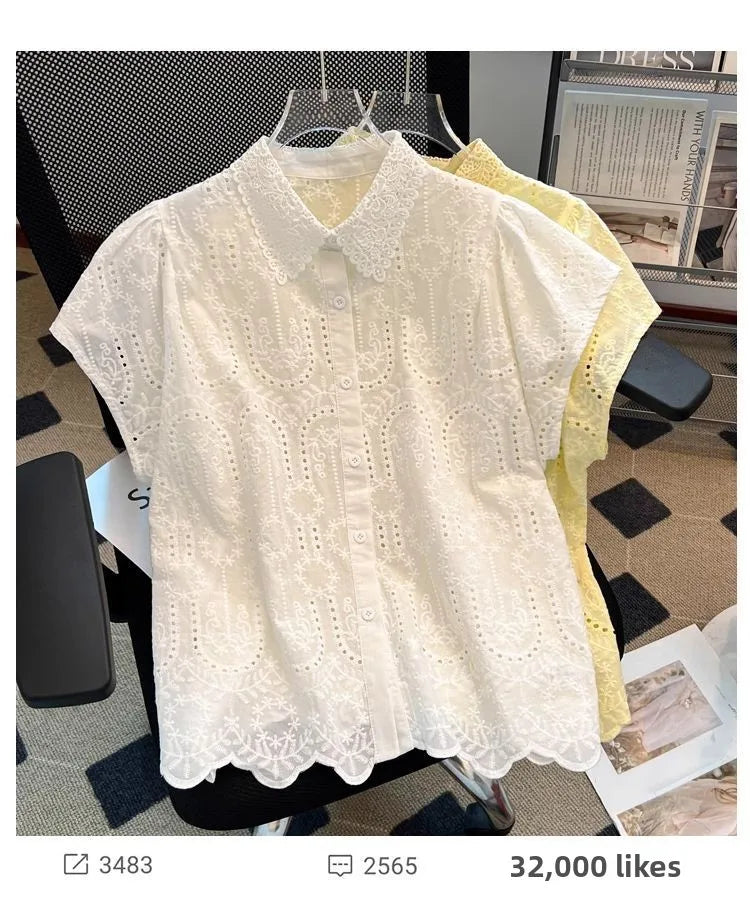 Elegant European Summer 2025 New Design Sense Small Hollow out Embroidery  Collar Top Versatile Match Korean Style Loose Fit
