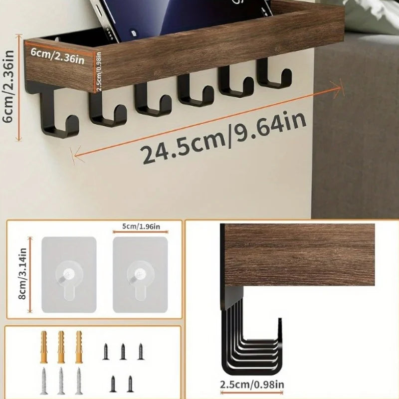 Rustic Wooden Floating Shelf with 6 Hooks Shower Caddy and Key Holder Nordic Style Storage Organizer for Home Bedroom Bathroom