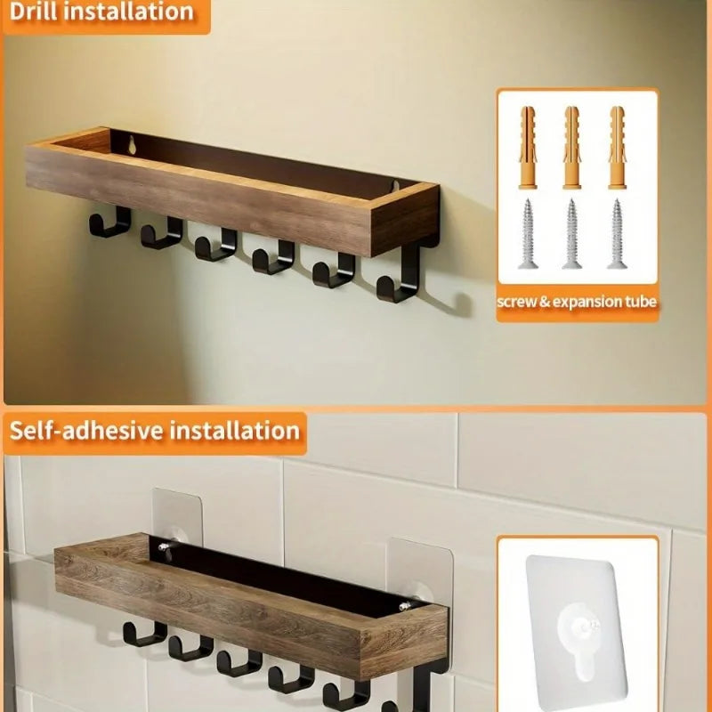 Rustic Wooden Floating Shelf with 6 Hooks Shower Caddy and Key Holder Nordic Style Storage Organizer for Home Bedroom Bathroom