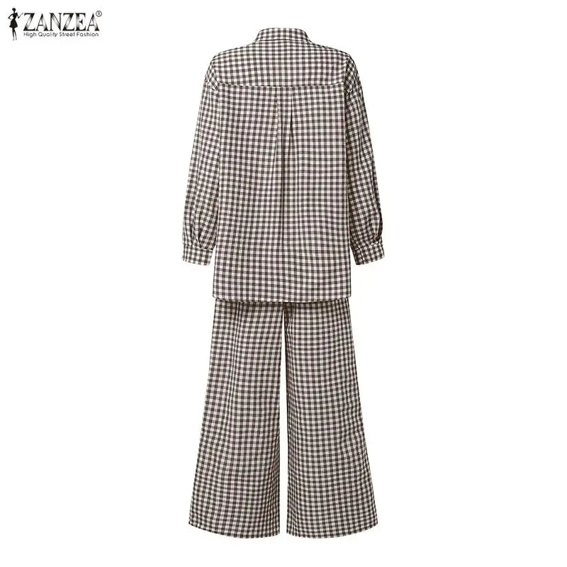 ZANZEA Women's Gingham Pant Suits Collared Long Sleeve High-Low Blouse & Wide Leg Pant 2 Pieces Sets Streetwear Casual Outfits