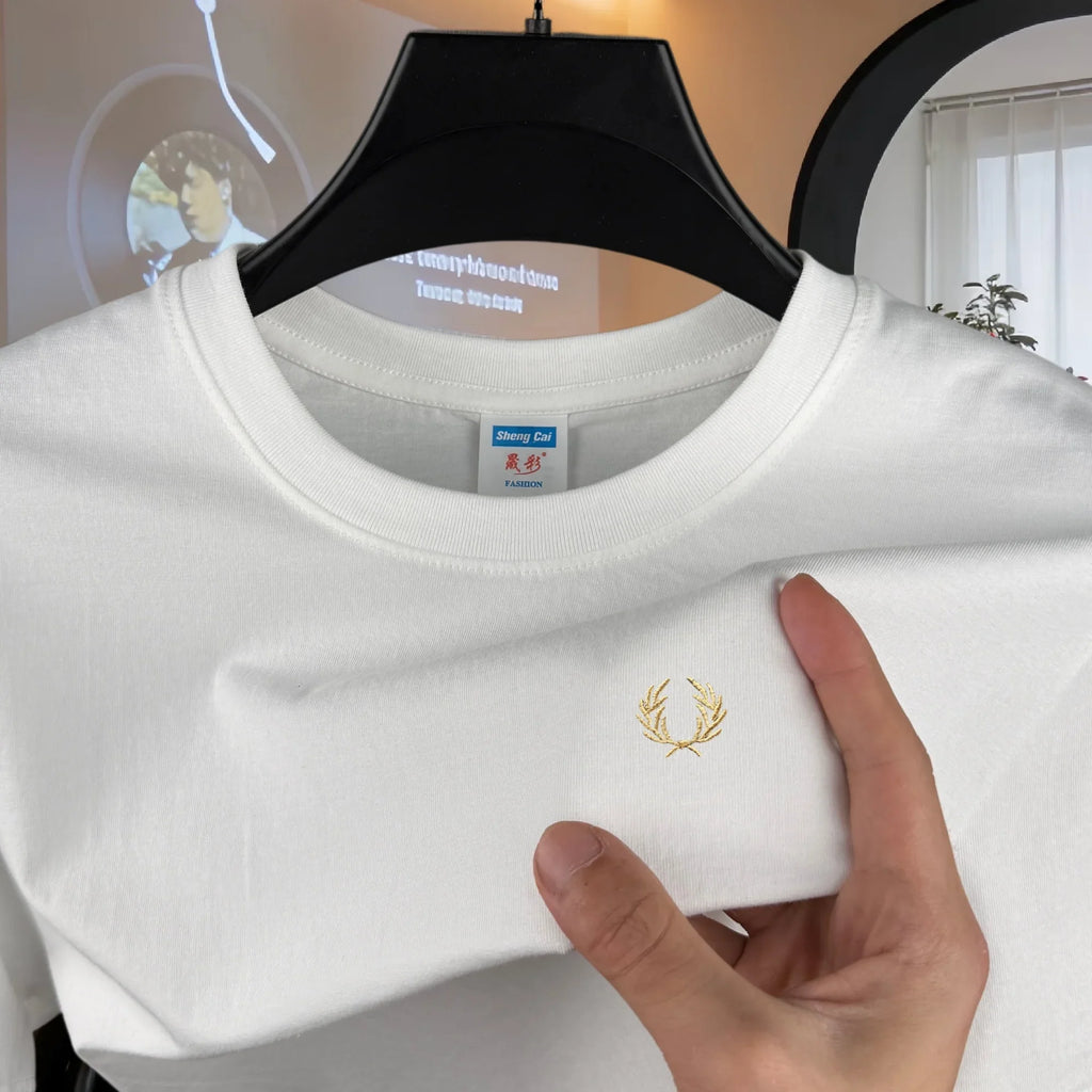 100% pure cotton high-end brand men's round neck short sleeved top summer fashion luxury wheat embroidery design casual T-shirt